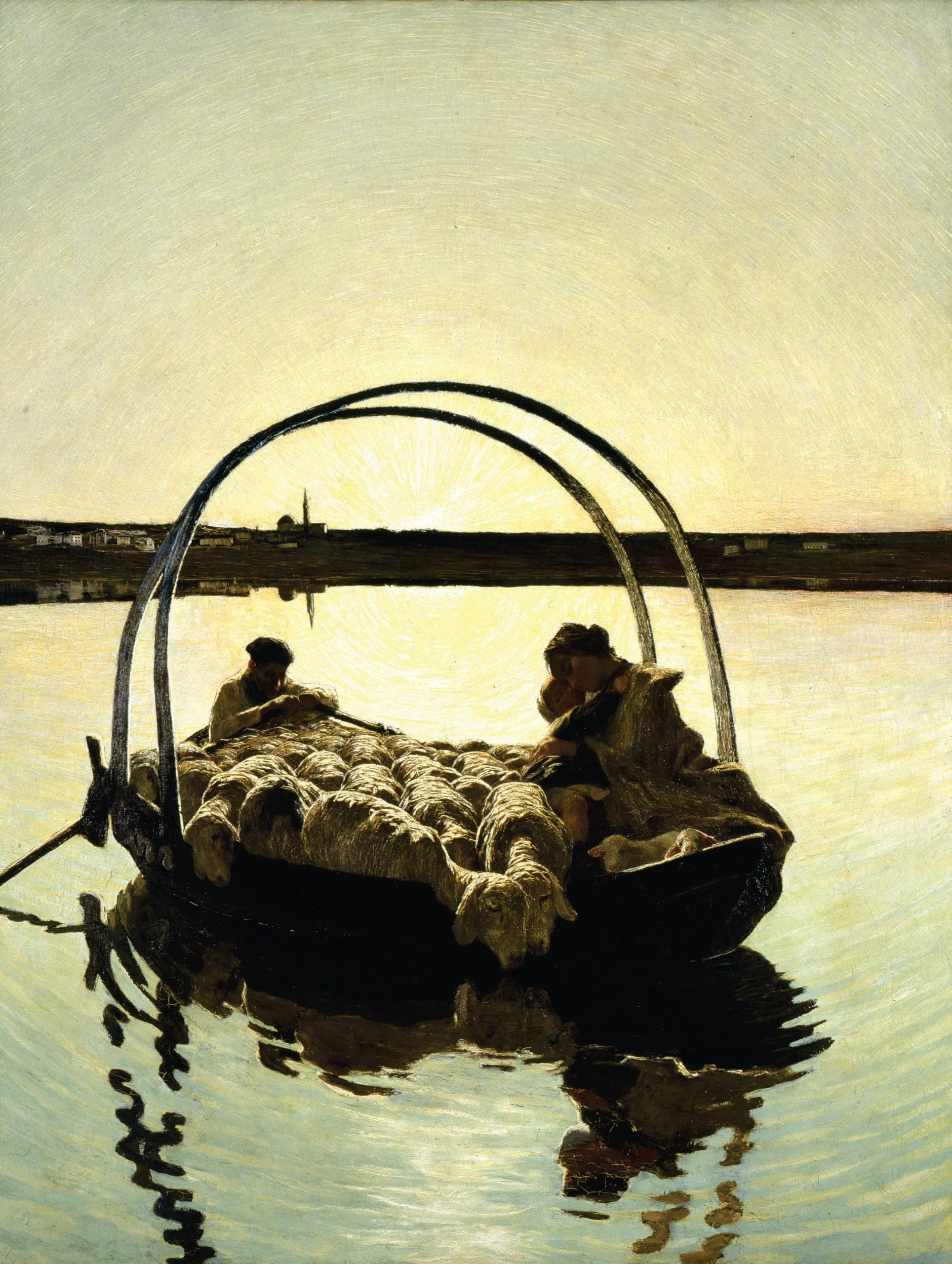 Segantini, Ave Maria a trasbordo (Ave Maria Crossing the Lake), 1886 version: a flat ferry with a tall arched hoop carries a flock of sheep across still water at sunset, a ferryman at the oars and a mother cradling her child beneath the arch, the low sun haloed behind a distant town.
