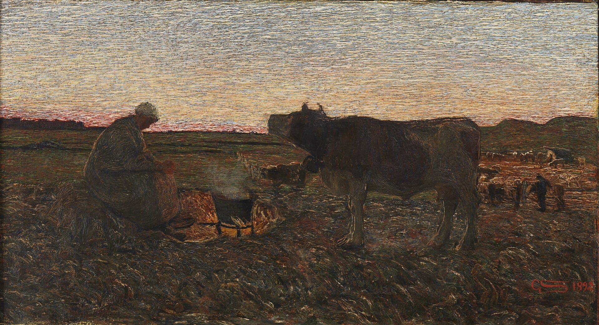 Segantini, Gloomy Hour (Ora triste): at dusk a peasant woman in grey sits over a small smoking kettle on a stony field while a dappled cow stands facing her, a distant flock beyond, a band of red light along the low hills under a pale sky.