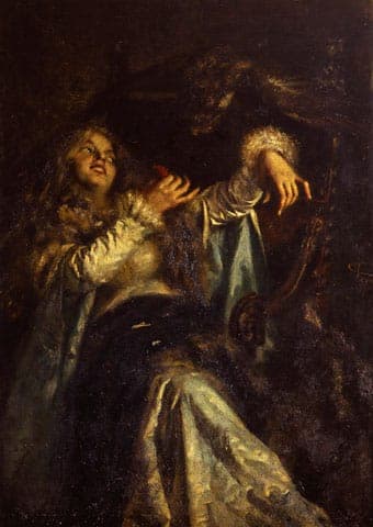 Segantini, La Falconiera (Portrait of Beatrice Bugatti): in deep chiaroscuro a young woman with long loose hair, in a white blouse and blue-green drape, reaches upward, a hooded falcon on her raised hand.