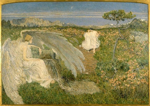 Segantini, Love at the Well-spring of Life (L’amore alla fonte della vita): a sunlit Alpine meadow strewn with pink rhododendron where a large white-robed angel with vast outstretched wings shelters a spring at left, while a pair of lovers in flowing white walk together up a path into the flowering hillside, distant blue mountains beyond.