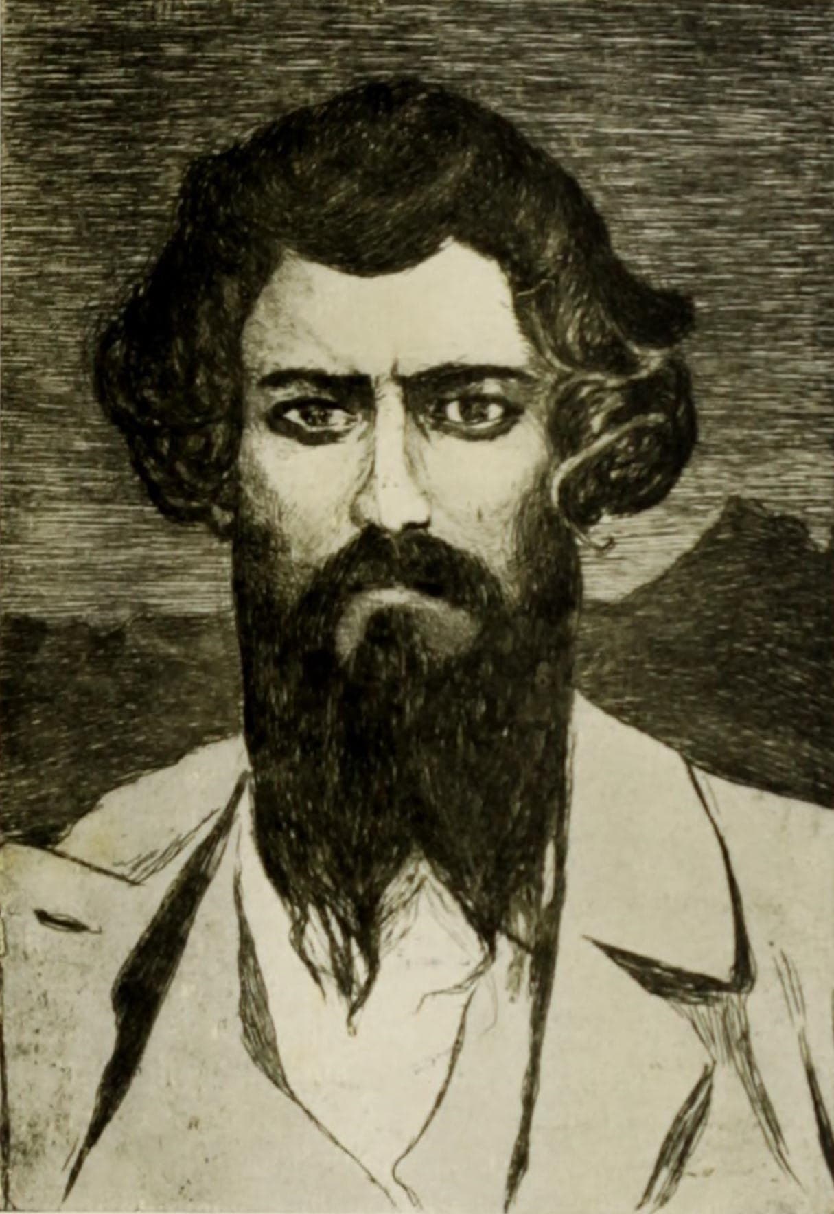 Segantini, Self-Portrait (Autoritratto), 1895: a bearded man with dark centre-parted wavy hair and a long full beard gazes directly outward with deep-set eyes, in a light jacket over an open collar against a dark hazy mountain background, rendered in fine hatched lines.