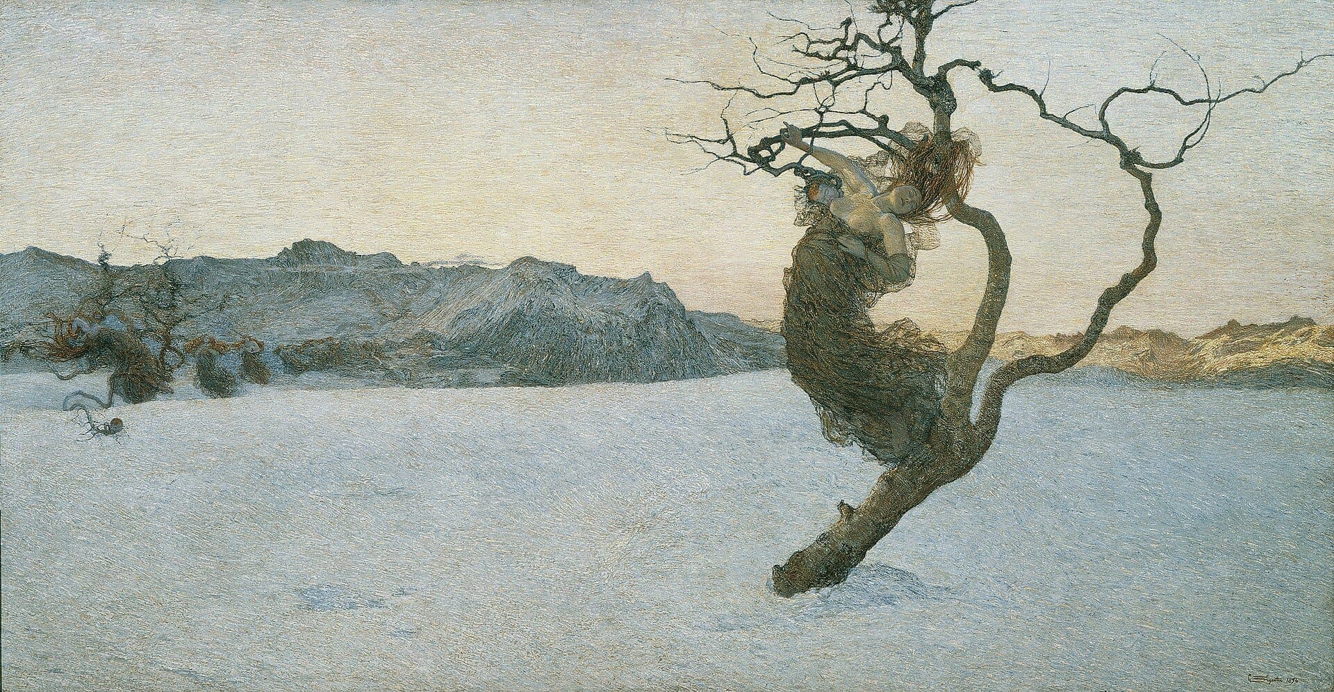 Segantini, The Bad Mothers (Le cattive madri): a wide pale frozen snowfield under a golden dawn sky with distant blue-grey mountains, and at right a bare gnarled tree in whose branches a woman with long streaming hair hangs suspended, an infant reaching to her breast, faint drifting figures beyond.