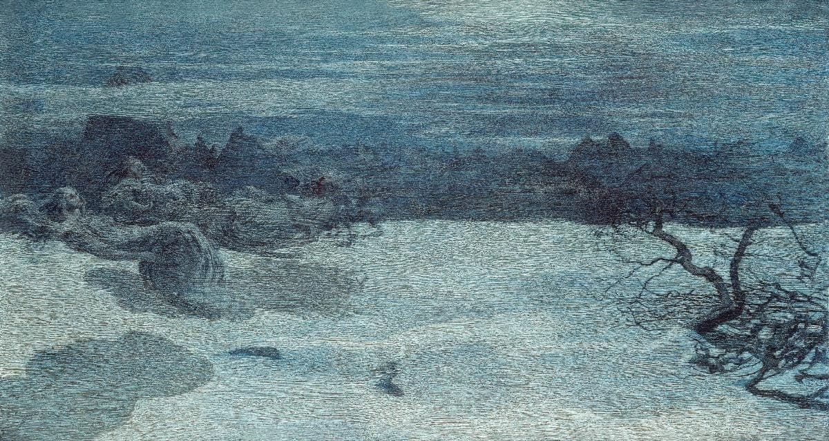 Segantini, The Punishment of Lust (Il castigo delle lussuriose): a vast cold blue snowfield under a hazy sky, where the ghostly, weightless bodies of two women drift in the air above the snow at left, a bare gnarled tree at right and a dark band of leafless woods along the horizon.