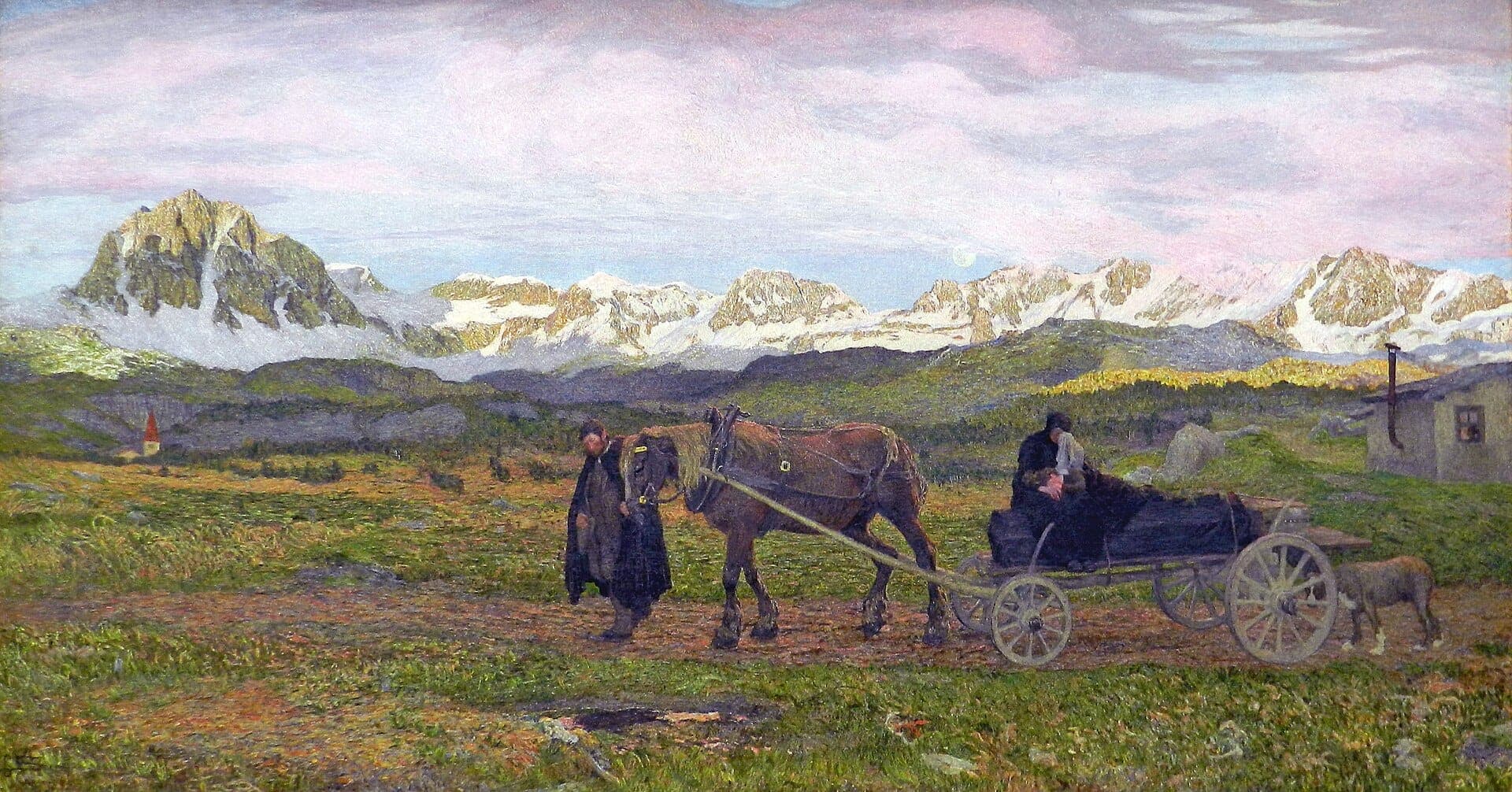 Segantini, The Return Home (Rückkehr in die Heimat): under a pink dusk sky a man leads a horse drawing a cart that carries a black-draped body across an Alpine meadow, a mourner seated over it and a dog alongside, snow peaks beyond.