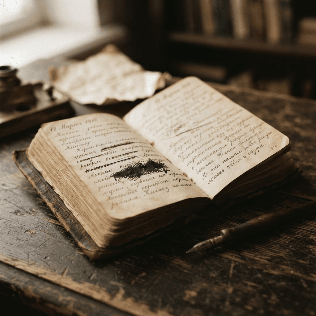 An old leather-bound diary from 1910 lying open, its cream pages covered in faded brown Russian cursive with one passage blotted out in dark ink