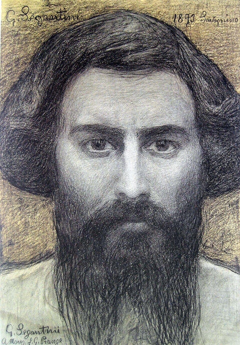Giovanni Segantini, charcoal and pencil self-portrait of 1893: a bearded man with dark hair facing the viewer on ochre-toned paper