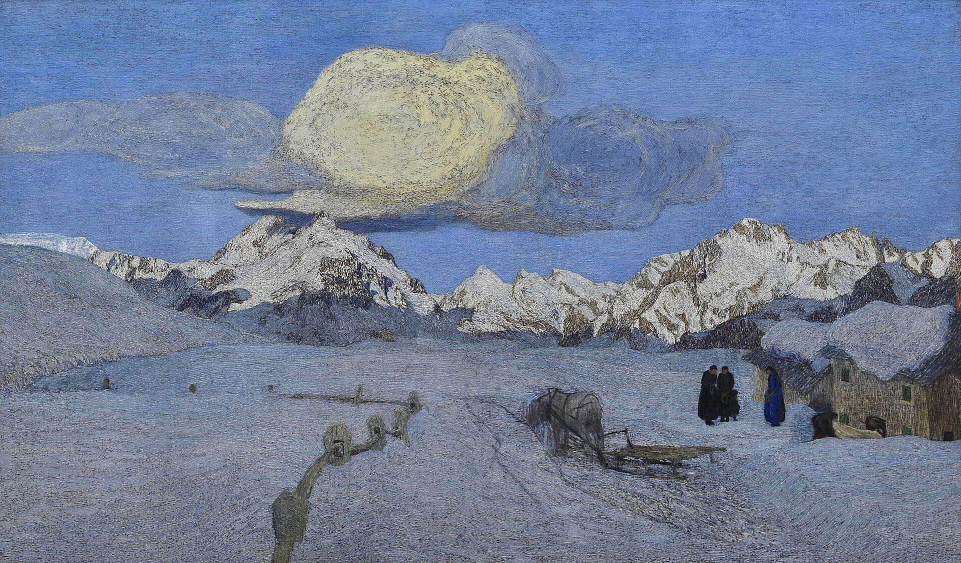 Segantini, Death (La morte): a blue winter landscape with mourners and a horse-drawn sledge outside a snow-laden house, a great cloud hanging over the frozen peaks.