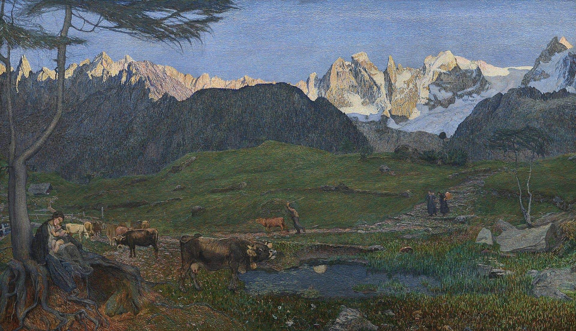 Segantini, Life (La vita): a green Alpine pasture with a mother and child seated beneath a larch, cattle grazing by a pool, and sunlit peaks of the Bregaglia beyond.