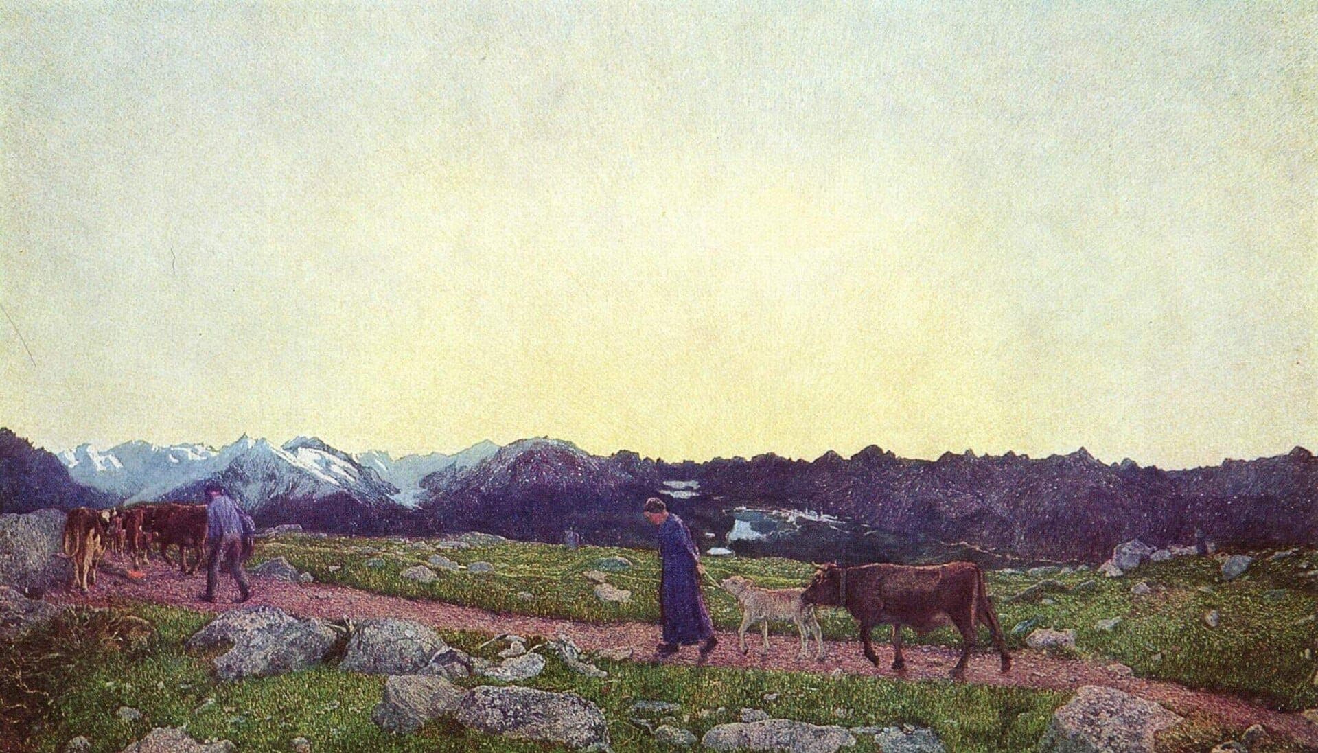 Segantini, Nature (La natura): herders driving cattle and a goat along a high mountain path at golden dusk, snow peaks on the horizon under a luminous sky. The central panel.