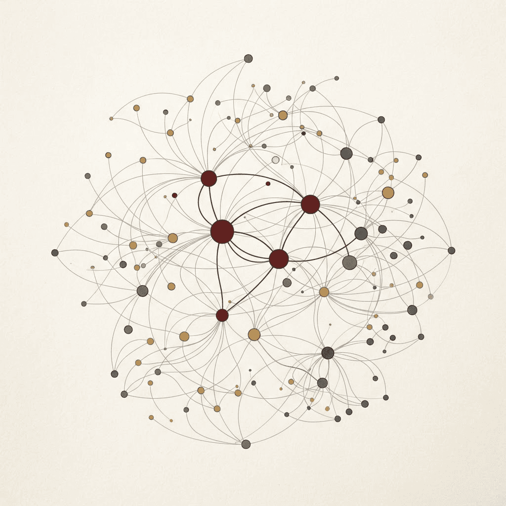 A character-relationship network diagram for War and Peace: dozens of connected nodes of varying size on a cream background, the largest marked in deep red