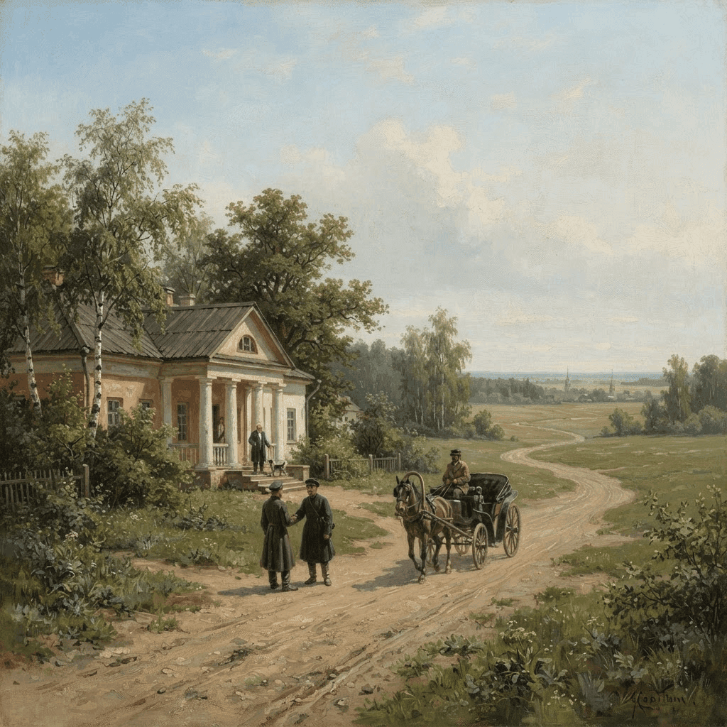 A 19th-century Russian realist painting of a provincial country estate, with a carriage arriving on a dusty road under a wide summer sky